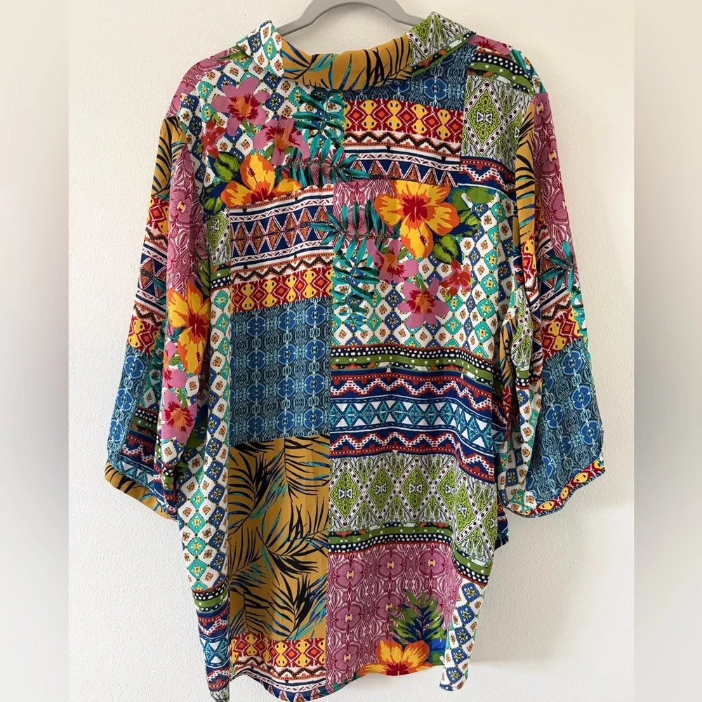 ✨NWT- Cynthia Rowley Floral Boho Pattern Patchwork 3/4 Sleeves Button Down 2X - Picture 3 of 9